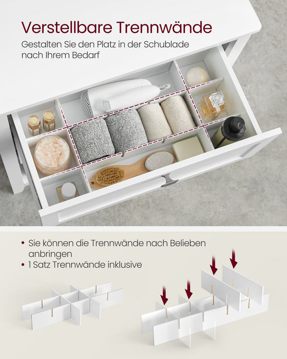 AUSLAUF VASAGLE | Bathroom Cabinet, Storage Cabinet, 2 Drawers with 1 Set of Adjustable Dividers, 2 Baskets, Side Board, 30 x 60 x 80 cm, Cloud weiß BBC545W02