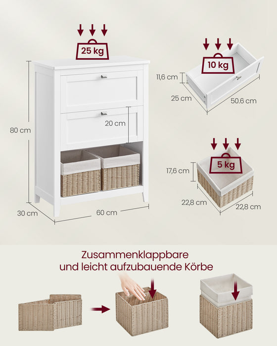 AUSLAUF VASAGLE | Bathroom Cabinet, Storage Cabinet, 2 Drawers with 1 Set of Adjustable Dividers, 2 Baskets, Side Board, 30 x 60 x 80 cm, Cloud weiß BBC545W02