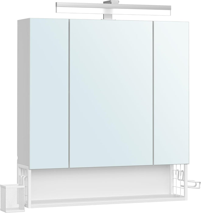 AUSLAUF VASAGLE | Bathroom Cabinet with 3 Doors, Mirror Cabinet, Wall Cabinet, Sockets, Hanging Basket, Hair Dryer Holder, Plenty of Storage Space, for Bathroom, 16.5 x 70 x 75 cm, Cloudy weiß BBK126W01