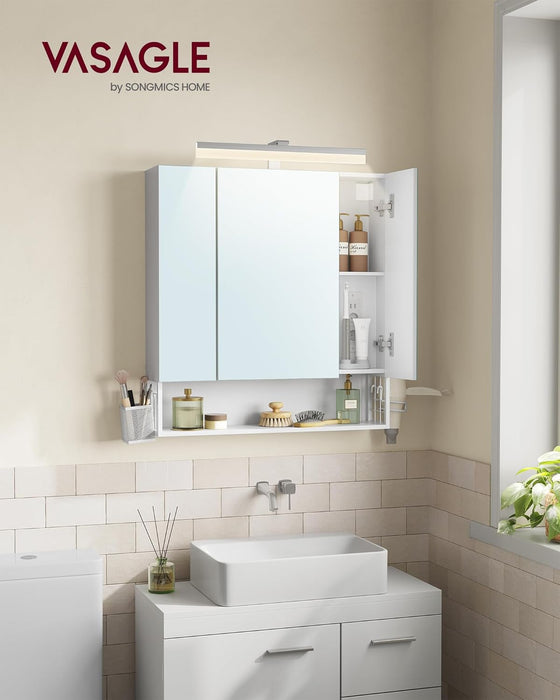 AUSLAUF VASAGLE | Bathroom Cabinet with 3 Doors, Mirror Cabinet, Wall Cabinet, Sockets, Hanging Basket, Hair Dryer Holder, Plenty of Storage Space, for Bathroom, 16.5 x 70 x 75 cm, Cloudy weiß BBK126W01