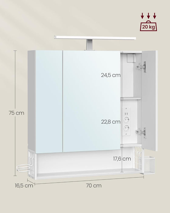 AUSLAUF VASAGLE | Bathroom Cabinet with 3 Doors, Mirror Cabinet, Wall Cabinet, Sockets, Hanging Basket, Hair Dryer Holder, Plenty of Storage Space, for Bathroom, 16.5 x 70 x 75 cm, Cloudy weiß BBK126W01