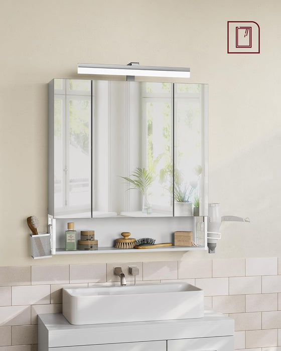 AUSLAUF VASAGLE | Bathroom Cabinet with 3 Doors, Mirror Cabinet, Wall Cabinet, Sockets, Hanging Basket, Hair Dryer Holder, Plenty of Storage Space, for Bathroom, 16.5 x 70 x 75 cm, Cloudy weiß BBK126W01