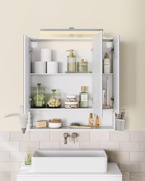 AUSLAUF VASAGLE | Bathroom Cabinet with 3 Doors, Mirror Cabinet, Wall Cabinet, Sockets, Hanging Basket, Hair Dryer Holder, Plenty of Storage Space, for Bathroom, 16.5 x 70 x 75 cm, Cloudy weiß BBK126W01