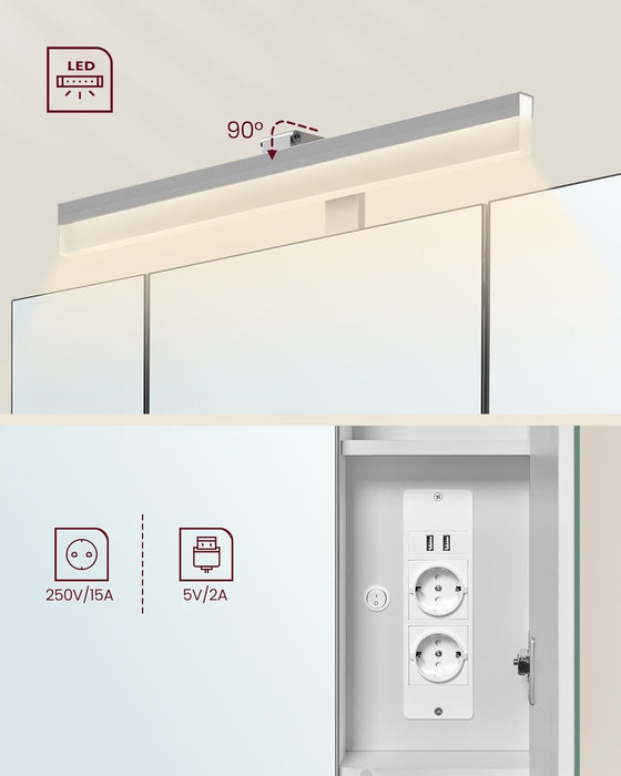 AUSLAUF VASAGLE | Bathroom Cabinet with 3 Doors, Mirror Cabinet, Wall Cabinet, Sockets, Hanging Basket, Hair Dryer Holder, Plenty of Storage Space, for Bathroom, 16.5 x 70 x 75 cm, Cloudy weiß BBK126W01