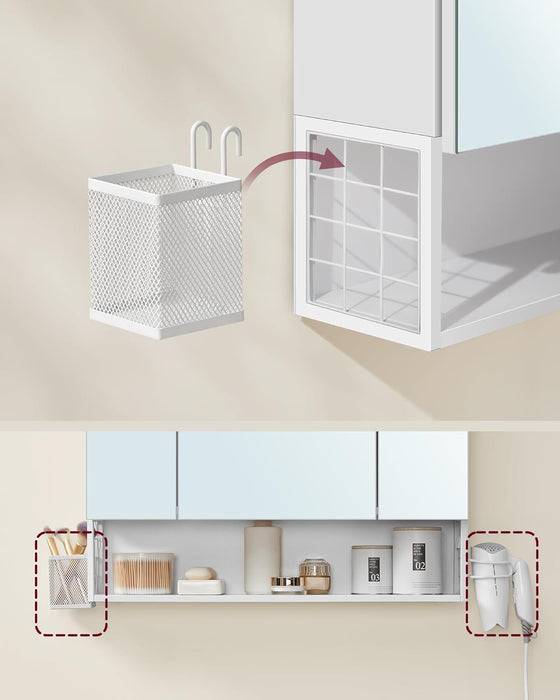 AUSLAUF VASAGLE | Bathroom Cabinet with 3 Doors, Mirror Cabinet, Wall Cabinet, Sockets, Hanging Basket, Hair Dryer Holder, Plenty of Storage Space, for Bathroom, 16.5 x 70 x 75 cm, Cloudy weiß BBK126W01