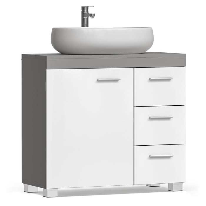 AUSLAUF VASAGLE | Vanity Cabinet, Bathroom Cabinet, 3 Large Drawers, 30 x 70 x 64 cm, Bathroom Cabinet, 2 Compartments Behind the Door, Bathroom Vanity Cabinet with Feet, Cloud weiß-Cement Gray BBK503T49