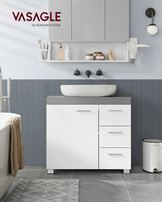 AUSLAUF VASAGLE | Vanity Cabinet, Bathroom Cabinet, 3 Large Drawers, 30 x 70 x 64 cm, Bathroom Cabinet, 2 Compartments Behind the Door, Bathroom Vanity Cabinet with Feet, Cloud weiß-Cement Gray BBK503T49