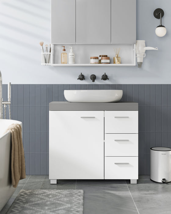 AUSLAUF VASAGLE | Vanity Cabinet, Bathroom Cabinet, 3 Large Drawers, 30 x 70 x 64 cm, Bathroom Cabinet, 2 Compartments Behind the Door, Bathroom Vanity Cabinet with Feet, Cloud weiß-Cement Gray BBK503T49