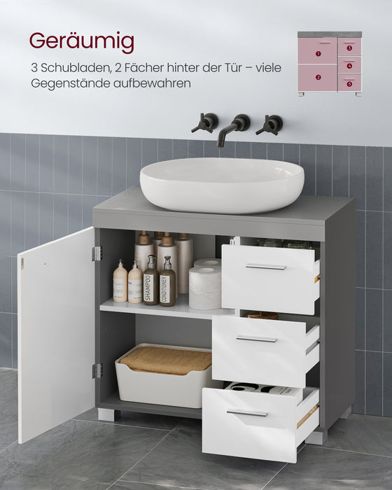 AUSLAUF VASAGLE | Vanity Cabinet, Bathroom Cabinet, 3 Large Drawers, 30 x 70 x 64 cm, Bathroom Cabinet, 2 Compartments Behind the Door, Bathroom Vanity Cabinet with Feet, Cloud weiß-Cement Gray BBK503T49