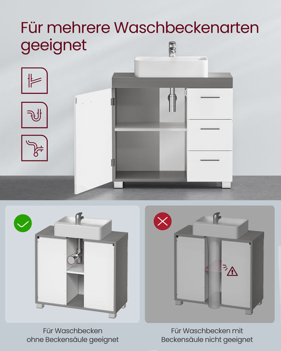 AUSLAUF VASAGLE | Vanity Cabinet, Bathroom Cabinet, 3 Large Drawers, 30 x 70 x 64 cm, Bathroom Cabinet, 2 Compartments Behind the Door, Bathroom Vanity Cabinet with Feet, Cloud weiß-Cement Gray BBK503T49