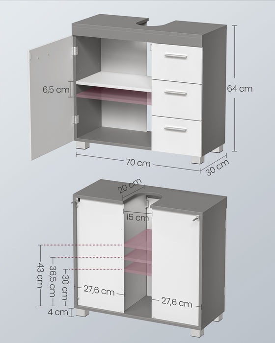 AUSLAUF VASAGLE | Vanity Cabinet, Bathroom Cabinet, 3 Large Drawers, 30 x 70 x 64 cm, Bathroom Cabinet, 2 Compartments Behind the Door, Bathroom Vanity Cabinet with Feet, Cloud weiß-Cement Gray BBK503T49