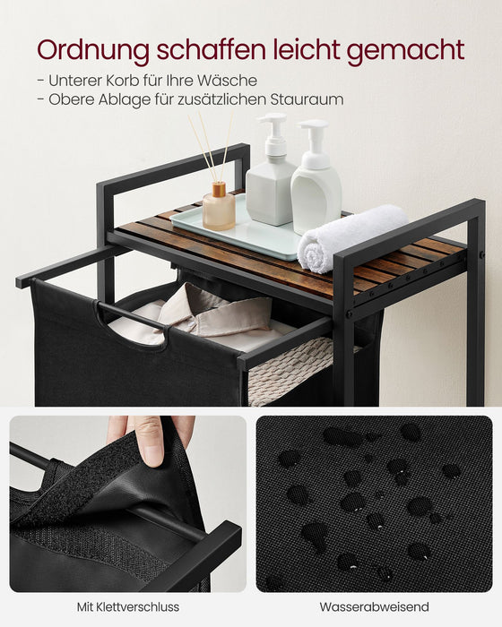 AUSLAUF VASAGLE | Laundry Basket, Laundry Hamper, Pull-Out und Removable Laundry Bag, Shelf, Metal Frame, 65L, 50 x 33 x 72 cm, rustikal braun und Black BLH101B01