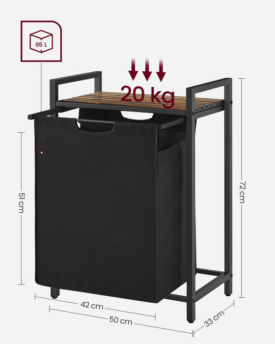 AUSLAUF VASAGLE | Laundry Basket, Laundry Hamper, Pull-Out und Removable Laundry Bag, Shelf, Metal Frame, 65L, 50 x 33 x 72 cm, rustikal braun und Black BLH101B01