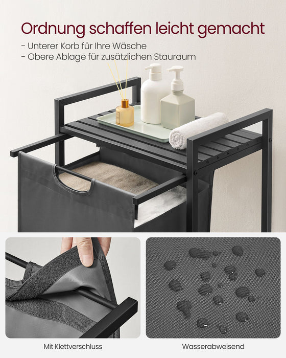 AUSLAUF VASAGLE | Laundry Basket, Laundry Hamper, Pull-Out und Removable Laundry Bag, Shelf, Metal Frame, 65L, 50 x 33 x 72 cm, Black und grau BLH101G01