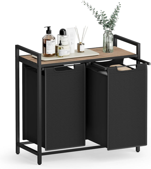 AUSLAUF VASAGLE | Laundry Basket, 2-Compartment Laundry Hamper, Pull-Out und Removable Laundry Bags, Laundry Sorter, Shelf, Metal Frame, 2 x 46L, 73 x 33 x 72 cm, Camel Brown und Black BLH201B50