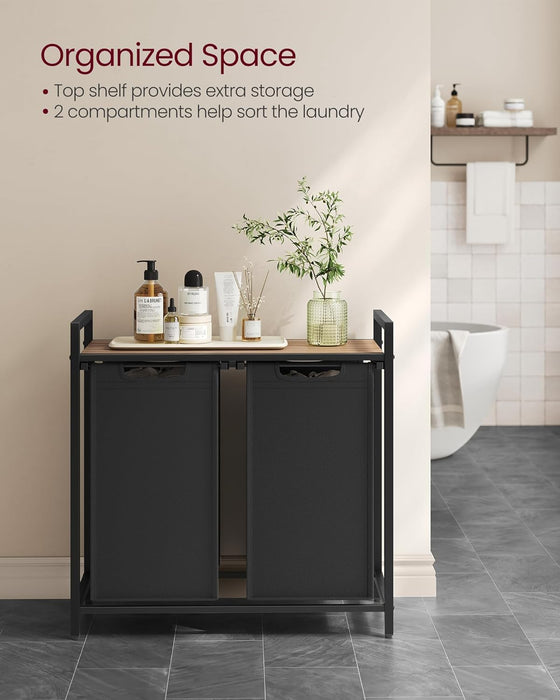 AUSLAUF VASAGLE | Laundry Basket, 2-Compartment Laundry Hamper, Pull-Out und Removable Laundry Bags, Laundry Sorter, Shelf, Metal Frame, 2 x 46L, 73 x 33 x 72 cm, Camel Brown und Black BLH201B50