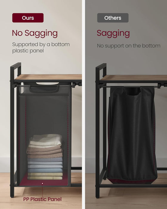 AUSLAUF VASAGLE | Laundry Basket, 2-Compartment Laundry Hamper, Pull-Out und Removable Laundry Bags, Laundry Sorter, Shelf, Metal Frame, 2 x 46L, 73 x 33 x 72 cm, Camel Brown und Black BLH201B50