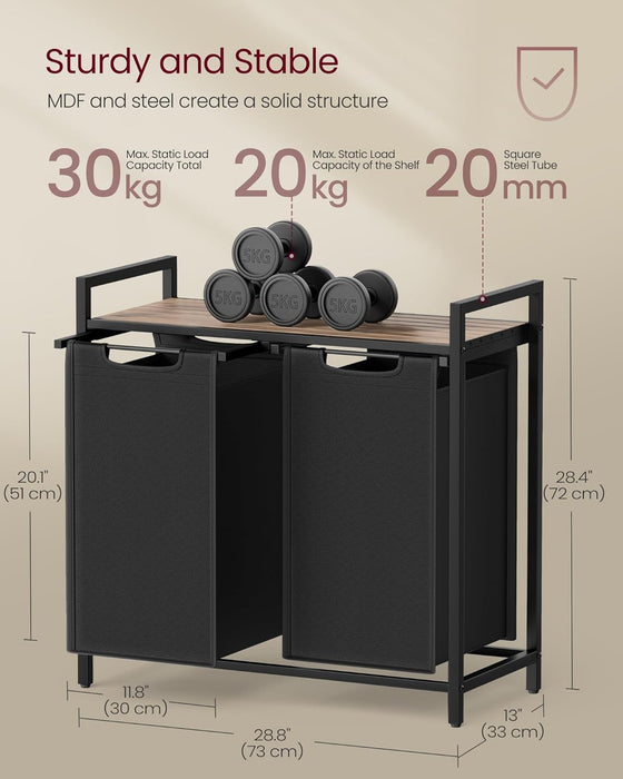AUSLAUF VASAGLE | Laundry Basket, 2-Compartment Laundry Hamper, Pull-Out und Removable Laundry Bags, Laundry Sorter, Shelf, Metal Frame, 2 x 46L, 73 x 33 x 72 cm, Camel Brown und Black BLH201B50
