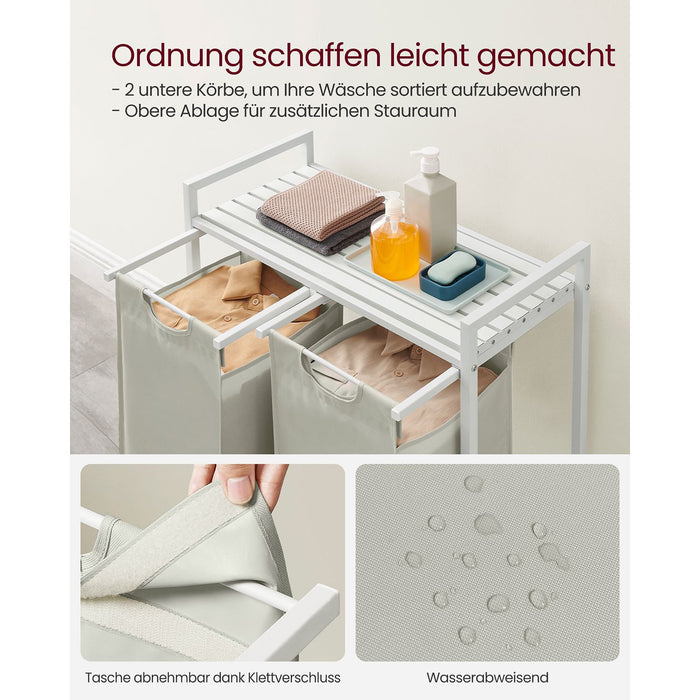 AUSLAUF VASAGLE | Laundry Basket, 2-Compartment Laundry Hamper, Pull-Out und Removable Laundry Bags, Laundry Sorter, Shelf, Metal Frame, 2 x 46L, 73 x 33 x 72 cm, weiß BLH201W01