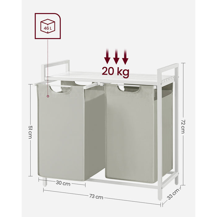 AUSLAUF VASAGLE | Laundry Basket, 2-Compartment Laundry Hamper, Pull-Out und Removable Laundry Bags, Laundry Sorter, Shelf, Metal Frame, 2 x 46L, 73 x 33 x 72 cm, weiß BLH201W01