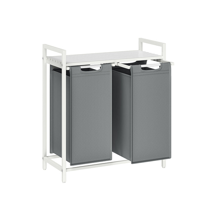 AUSLAUF VASAGLE | Laundry Basket, 2 Compartments, Laundry Basket with Shelf, Laundry Basket, Oxford Fabric Laundry Bag, Extendable, Removable, Metal Frame, 2 x 46 L, 73 x 33 x 72 cm, weiß/Light grau, BLH201W11