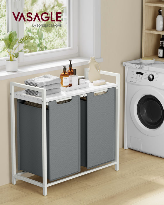 AUSLAUF VASAGLE | Laundry Basket, 2 Compartments, Laundry Basket with Shelf, Laundry Basket, Oxford Fabric Laundry Bag, Extendable, Removable, Metal Frame, 2 x 46 L, 73 x 33 x 72 cm, weiß/Light grau, BLH201W11