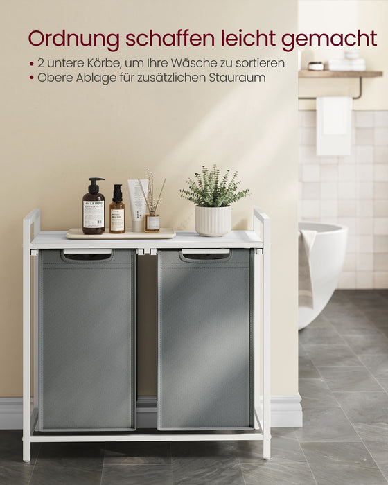 AUSLAUF VASAGLE | Laundry Basket, 2 Compartments, Laundry Basket with Shelf, Laundry Basket, Oxford Fabric Laundry Bag, Extendable, Removable, Metal Frame, 2 x 46 L, 73 x 33 x 72 cm, weiß/Light grau, BLH201W11