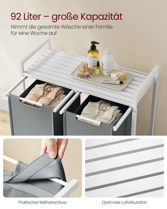 AUSLAUF VASAGLE | Laundry Basket, 2 Compartments, Laundry Basket with Shelf, Laundry Basket, Oxford Fabric Laundry Bag, Extendable, Removable, Metal Frame, 2 x 46 L, 73 x 33 x 72 cm, weiß/Light grau, BLH201W11