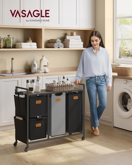 VASAGLE | Wäschekorb 4 Fächer kastanienbraun-tintenschwarz-taubengrau