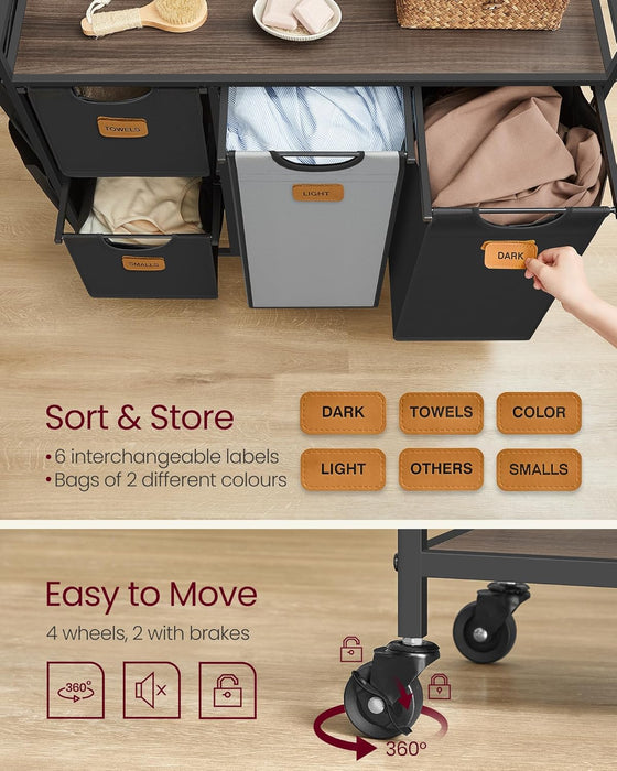 VASAGLE | Wäschekorb 4 Fächer kastanienbraun-tintenschwarz-taubengrau