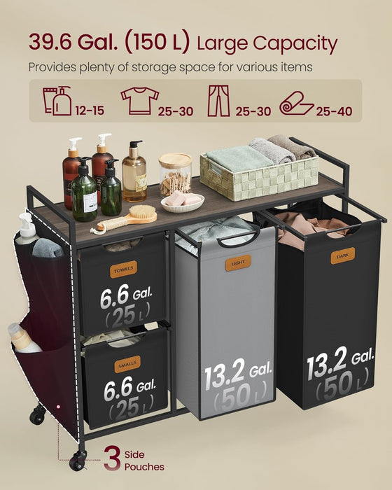 VASAGLE | Wäschekorb 4 Fächer kastanienbraun-tintenschwarz-taubengrau