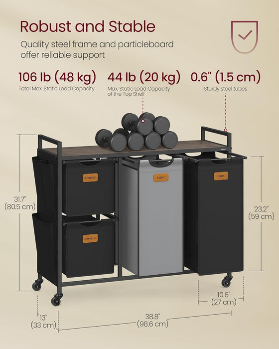 VASAGLE | Wäschekorb 4 Fächer kastanienbraun-tintenschwarz-taubengrau