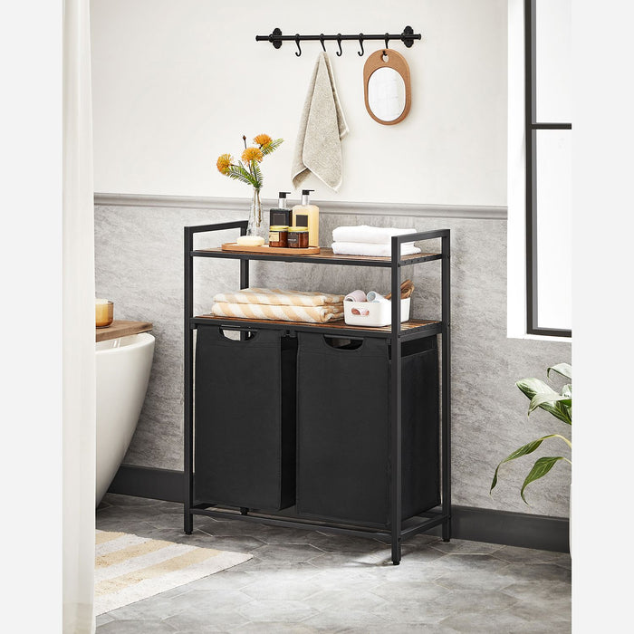 AUSLAUF VASAGLE | Laundry Basket, Laundry Hamper, Laundry Sorter with 2 Pull-Out und Removable Bags, 2 Storage Shelves, 46L Capacity per Bag, for Bathroom, Laundry Room, rustikal braun und Black BLH211B01
