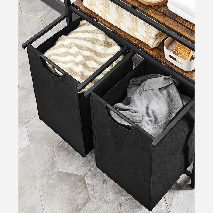 AUSLAUF VASAGLE | Laundry Basket, Laundry Hamper, Laundry Sorter with 2 Pull-Out und Removable Bags, 2 Storage Shelves, 46L Capacity per Bag, for Bathroom, Laundry Room, rustikal braun und Black BLH211B01