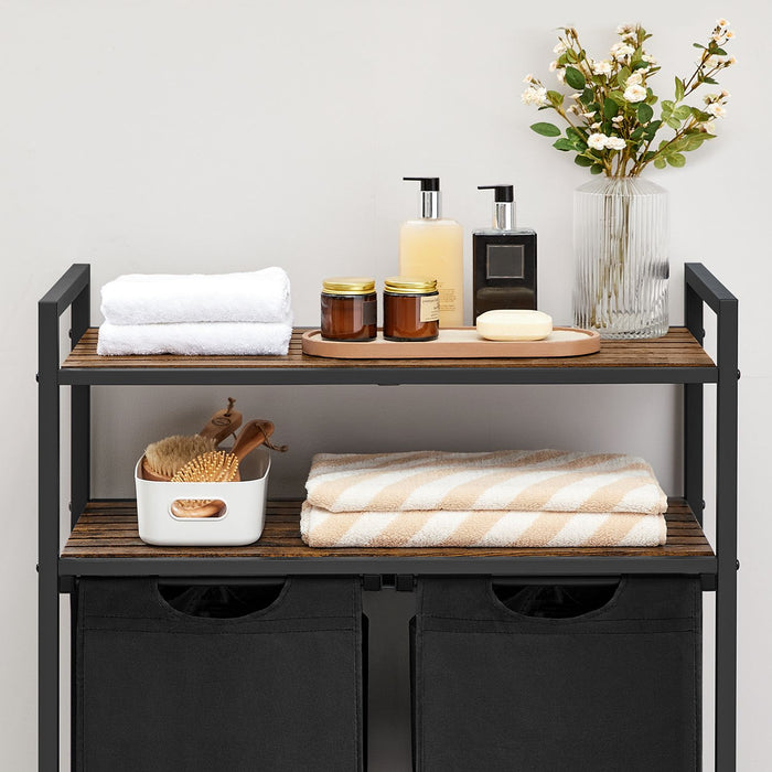 AUSLAUF VASAGLE | Laundry Basket, Laundry Hamper, Laundry Sorter with 2 Pull-Out und Removable Bags, 2 Storage Shelves, 46L Capacity per Bag, for Bathroom, Laundry Room, rustikal braun und Black BLH211B01