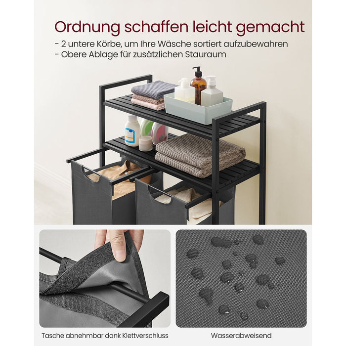 AUSLAUF VASAGLE | Laundry Basket 2 Compartments, Laundry Hamper with 2 Shelves, Laundry Sorter, Extendable Laundry Bag und Detachable, Per Bag 46 Liters, for Bathroom, Laundry Room, Black-grau BLH211G01