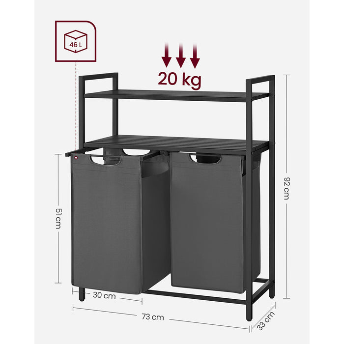 AUSLAUF VASAGLE | Laundry Basket 2 Compartments, Laundry Hamper with 2 Shelves, Laundry Sorter, Extendable Laundry Bag und Detachable, Per Bag 46 Liters, for Bathroom, Laundry Room, Black-grau BLH211G01