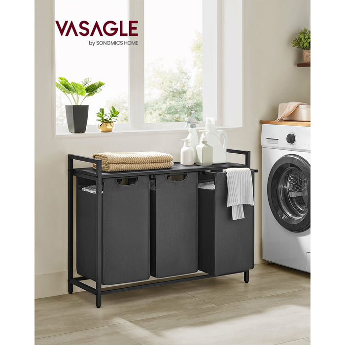 AUSLAUF VASAGLE | Laundry Basket, 3-Compartment Laundry Hamper, Pull-Out und Removable Laundry Bags, Laundry Sorter, Shelf, Metal Frame, 3 x 38L, 92.5 x 33 x 72 cm, Black und grau BLH301G01