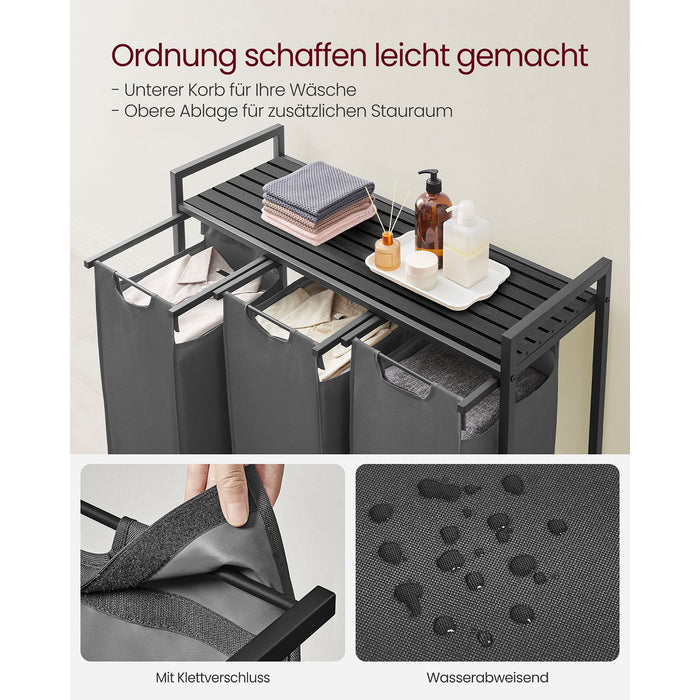 AUSLAUF VASAGLE | Laundry Basket, 3-Compartment Laundry Hamper, Pull-Out und Removable Laundry Bags, Laundry Sorter, Shelf, Metal Frame, 3 x 38L, 92.5 x 33 x 72 cm, Black und grau BLH301G01