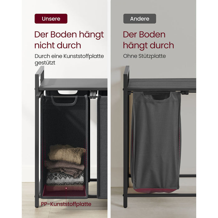 AUSLAUF VASAGLE | Laundry Basket, 3-Compartment Laundry Hamper, Pull-Out und Removable Laundry Bags, Laundry Sorter, Shelf, Metal Frame, 3 x 38L, 92.5 x 33 x 72 cm, Black und grau BLH301G01