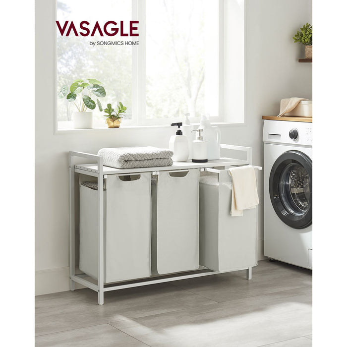 AUSLAUF VASAGLE | Laundry Basket, 3-Compartment Laundry Hamper, Pull-Out und Removable Laundry Bags, Laundry Sorter, Shelf, Metal Frame, 3 x 38L, 92.5 x 33 x 72 cm, weiß BLH301W01