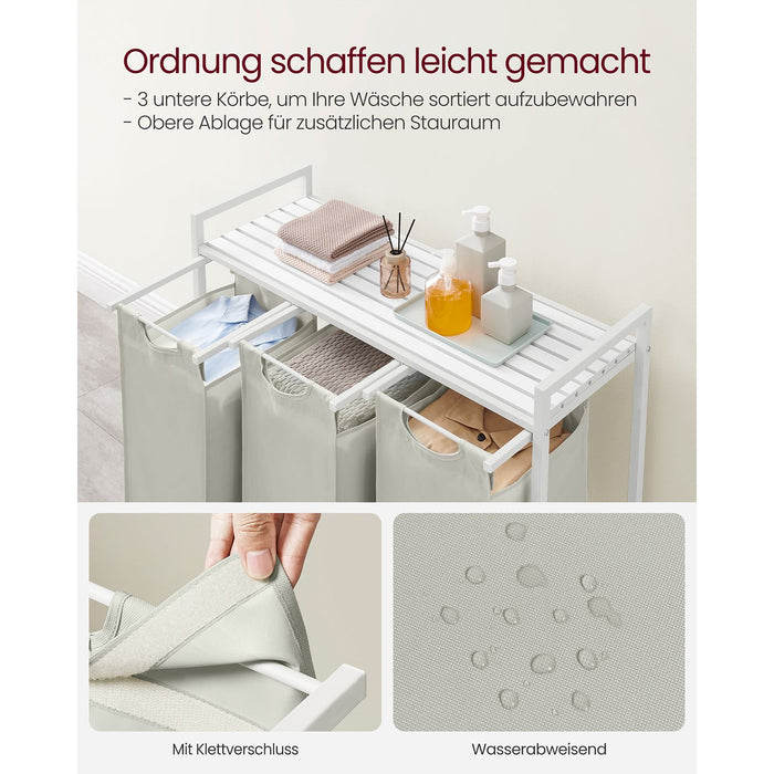 AUSLAUF VASAGLE | Laundry Basket, 3-Compartment Laundry Hamper, Pull-Out und Removable Laundry Bags, Laundry Sorter, Shelf, Metal Frame, 3 x 38L, 92.5 x 33 x 72 cm, weiß BLH301W01