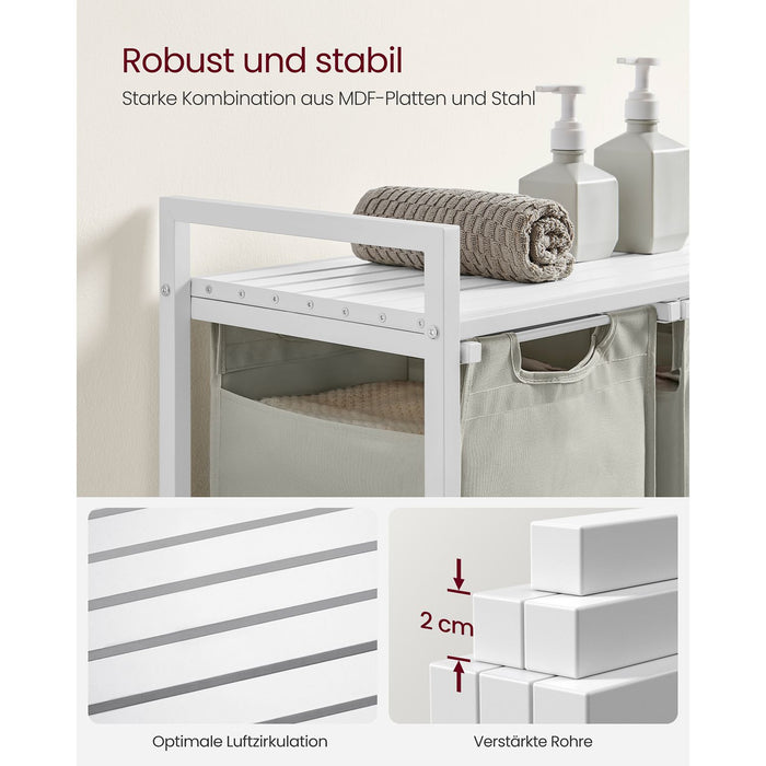 AUSLAUF VASAGLE | Laundry Basket, 3-Compartment Laundry Hamper, Pull-Out und Removable Laundry Bags, Laundry Sorter, Shelf, Metal Frame, 3 x 38L, 92.5 x 33 x 72 cm, weiß BLH301W01