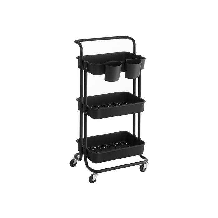 AUSLAUF SONGMICS | Rolling Cart, 3-Tier Storage Cart, Storage Trolley with Handle 2 Small Organisers, Steel Frame, Plastic Baskets, Utility Cart, Easy Assembly, for Bathroom Laundry Room, Black BSC067B01