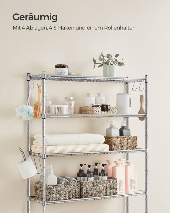 AUSLAUF SONGMICS | 4 Tier Over The Toilet Storage, Metal Storage Rack, Adjustable Shelves, 4 Hooks, Roll Holder, Space-Saving Bathroom Storage Shelf Organizer, 30 x 83 x 176 cm Silver Gray BTS023G01