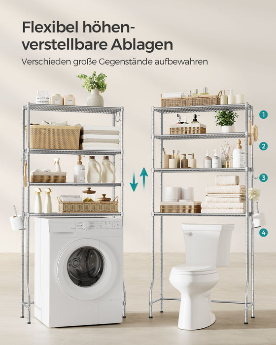 AUSLAUF SONGMICS | 4 Tier Over The Toilet Storage, Metal Storage Rack, Adjustable Shelves, 4 Hooks, Roll Holder, Space-Saving Bathroom Storage Shelf Organizer, 30 x 83 x 176 cm Silver Gray BTS023G01