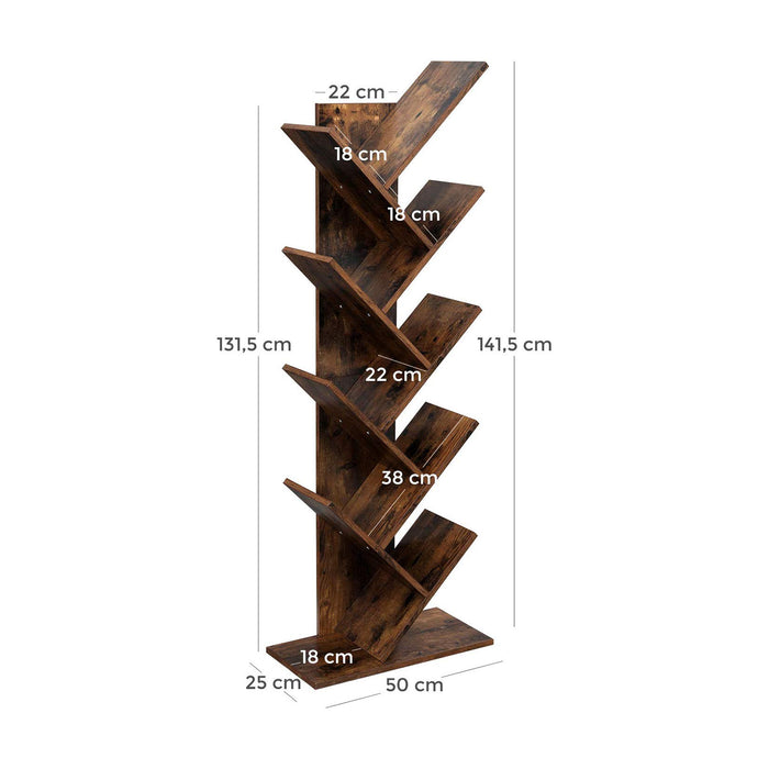 AUSLAUF VASAGLE | Tree Bookshelf, 8-Tier Floor Standing Bookcase, with Wooden Shelves for Living Room, Home Office, rustikal braun LBC11BX