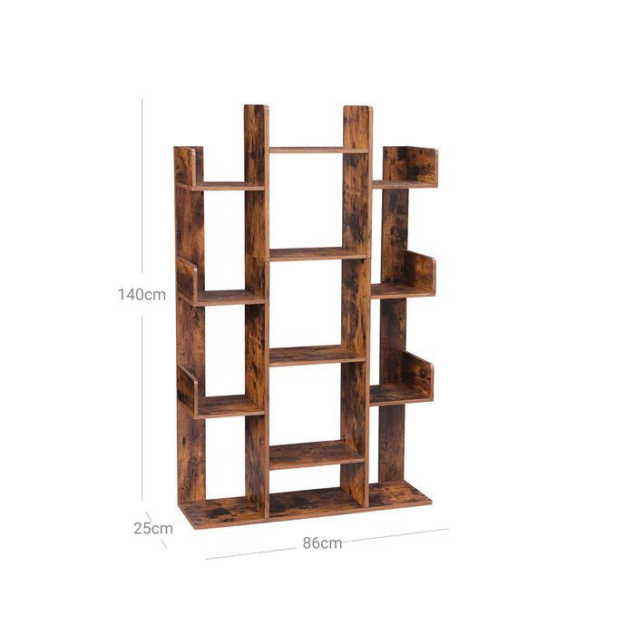 AUSLAUF VASAGLE | Bookshelf, Tree-Shaped Bookcase with 13 Storage Shelves, 86 x 25 x 140 cm, with Rounded Corners, rustikal braun LBC67BXV1