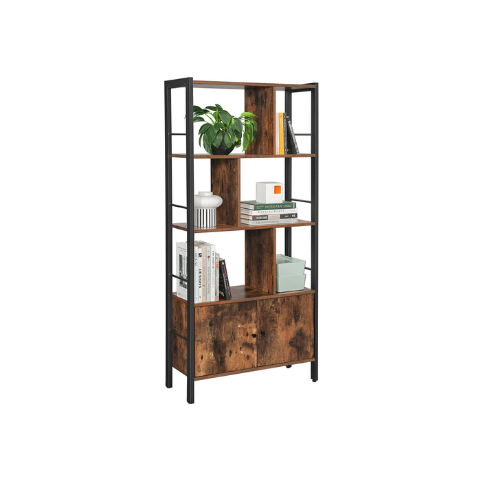 AUSLAUF VASAGLE | Bookshelf, Storage Shelf, Large Bookcase with Doors, 4 Shelves, Stable Steel Structure, Industrial Style, for Living Room, Office, rustikal braun und Black LBC022B01