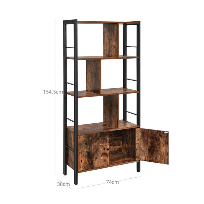 AUSLAUF VASAGLE | Bookshelf, Storage Shelf, Large Bookcase with Doors, 4 Shelves, Stable Steel Structure, Industrial Style, for Living Room, Office, rustikal braun und Black LBC022B01